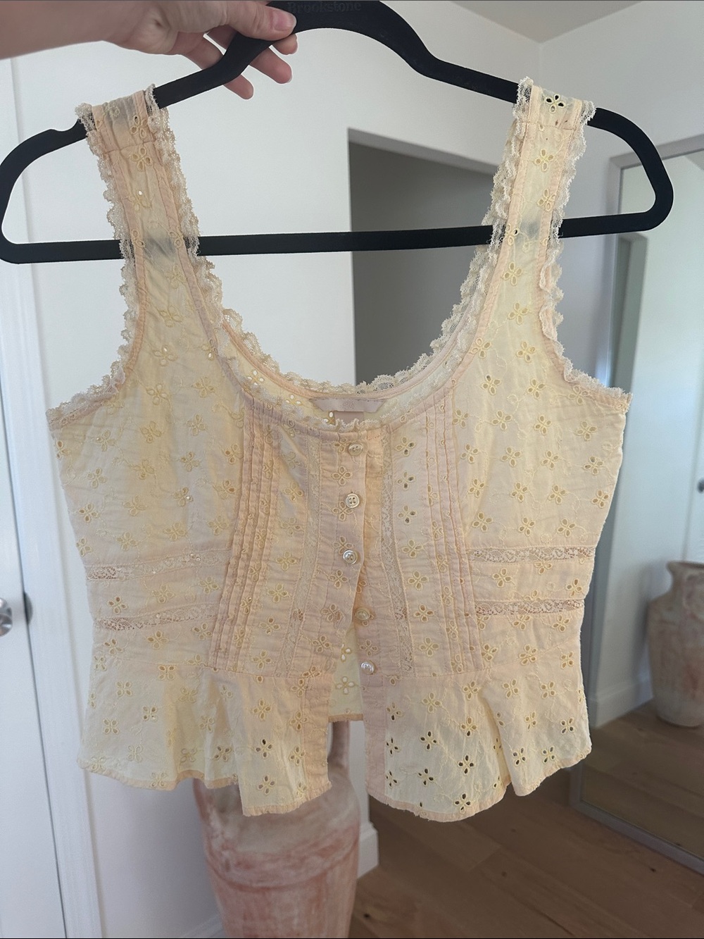 Delicate Butter Yellow Eyelet Lace Button-Front Top